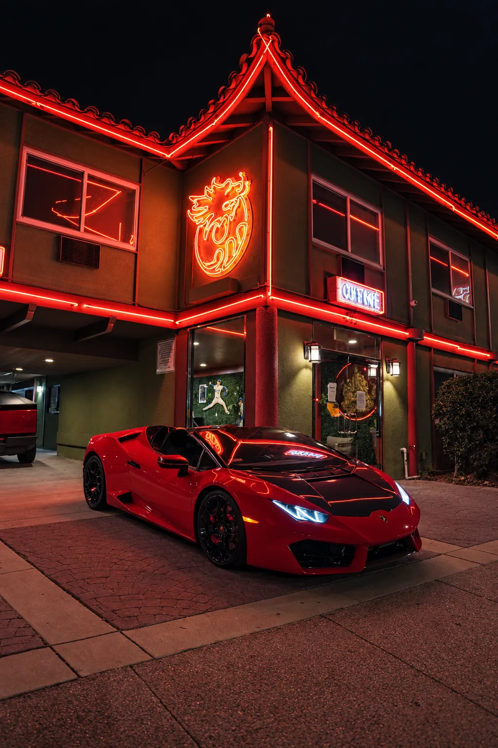 Red Lamborghini Huracán Spyder with the roof open — full front three-quarter view at night